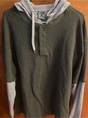 Olive Green Layered Henley Hoodie - Unbranded